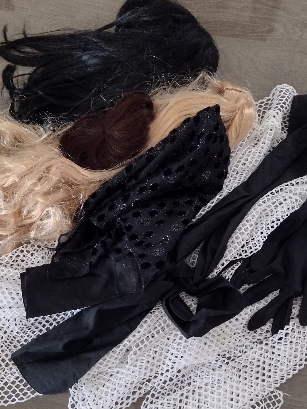 Halloween Accessories Bundle Black and Blond Wig Net Scarf Gloves